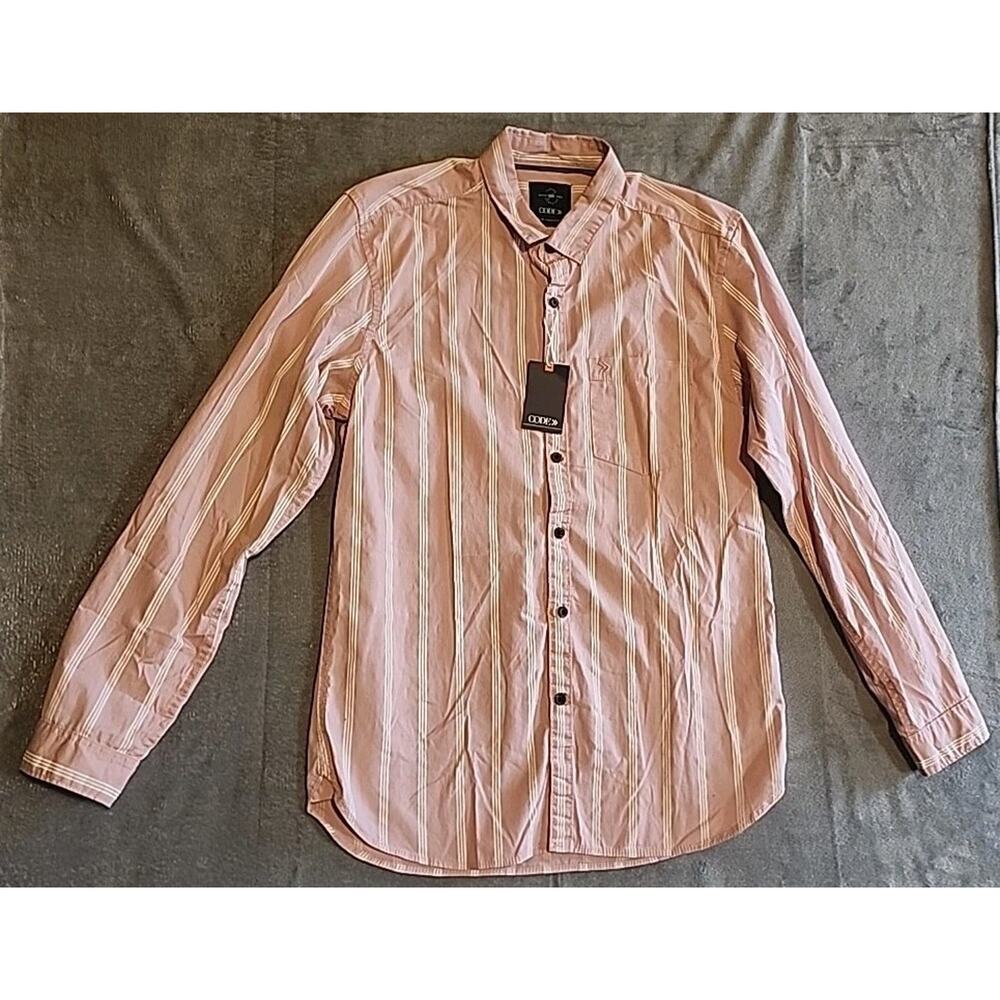 NWT CODE Mens L 42cm Slim Fit Pink White Stripes Button Down Long Sleeve Shirt
